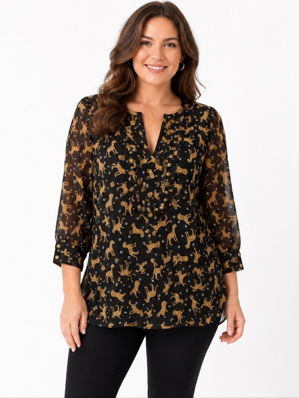 Angie Leopard Print Sheer Blouse Large Black Gold Studded Tunic Top Boho